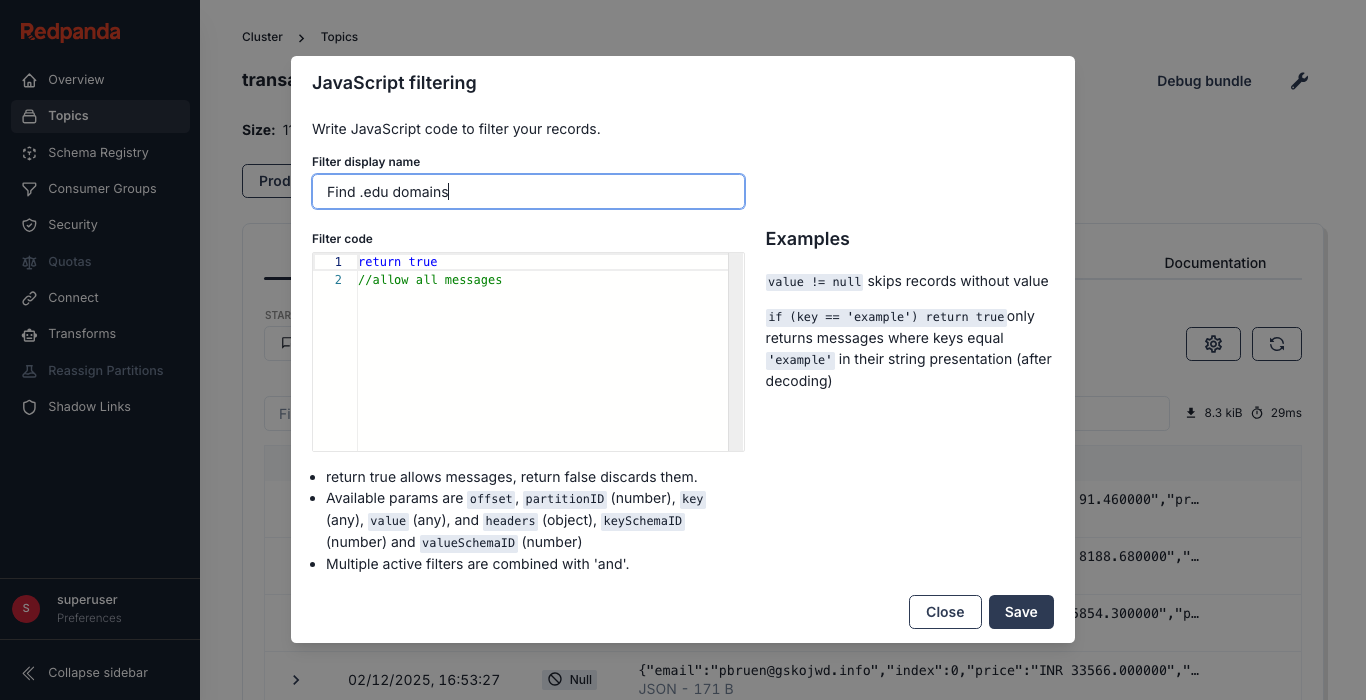 JavaScript filter in Redpanda Console